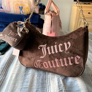 Juicy Couture Chocolate Brown Shoulder Bag with Pink Embroidery